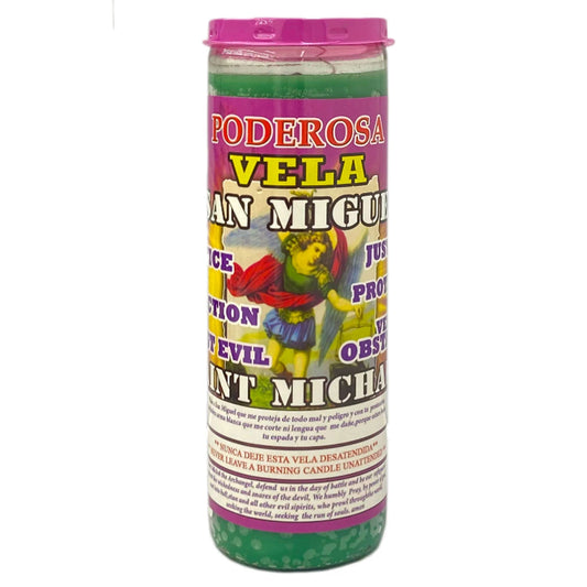 Saint Michael Prepared Candle - VELA SAN MIGUEL - Devotional Household Candle for Protection Courage & Spiritual Defense - Glass Encased - 7 Day Burn Time
