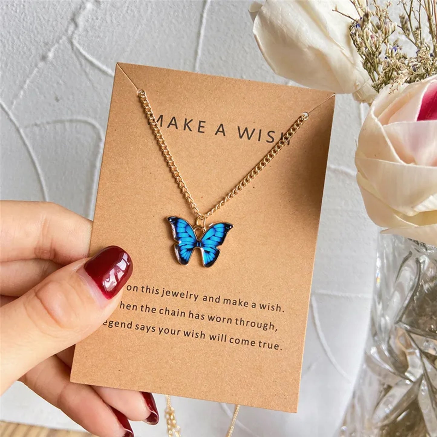 Make A Wish Butterfly Necklace, Hot Sale Trendy Butterfly Necklace Thin Chain Colorful Pendant Necklace For Women Jewelry