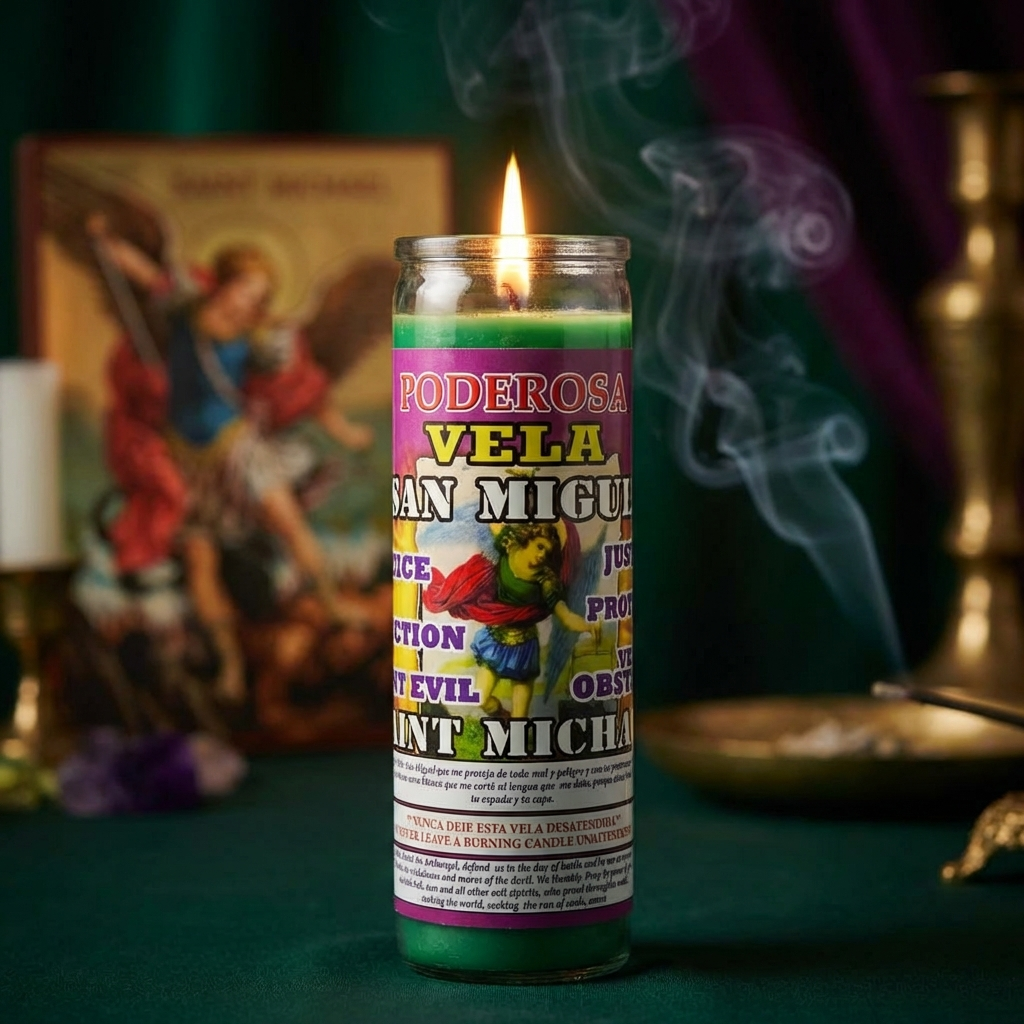 Saint Michael Prepared Candle - VELA SAN MIGUEL - Devotional Household Candle for Protection Courage & Spiritual Defense - Glass Encased - 7 Day Burn Time